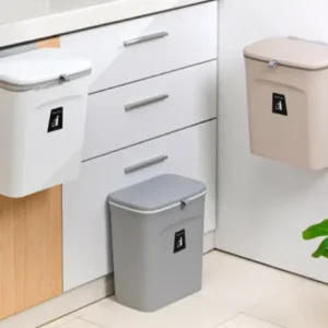 Kitchen Cabinet Door Hanging Trash Can with Lid, 2.4 Gal, Small Under Sink Garbage Can for Restroom, Bathroom, RV Kitchen Trash Bin, Wall Mounted Counter Waste Compost Bin, Plastic (White/Grey)